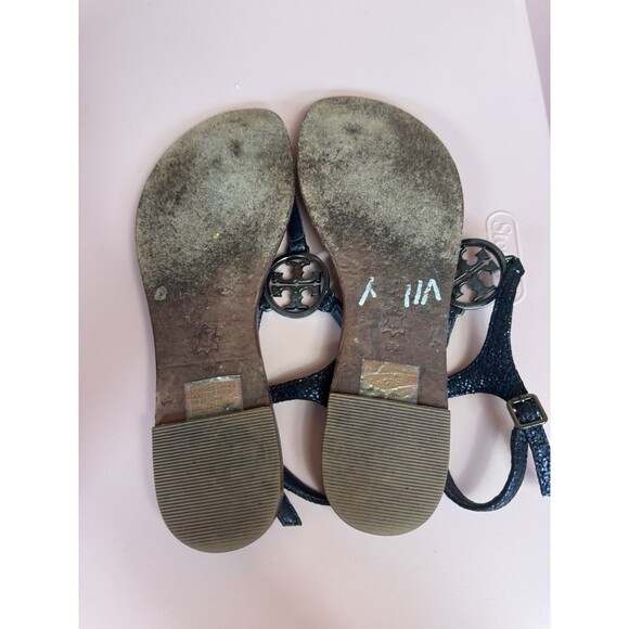 TORY BURCH NAVY BLUE GLITTER & RHINESTONE T STRAP SANDALS THONGS SIZE 8 - Picture 11 of 11
